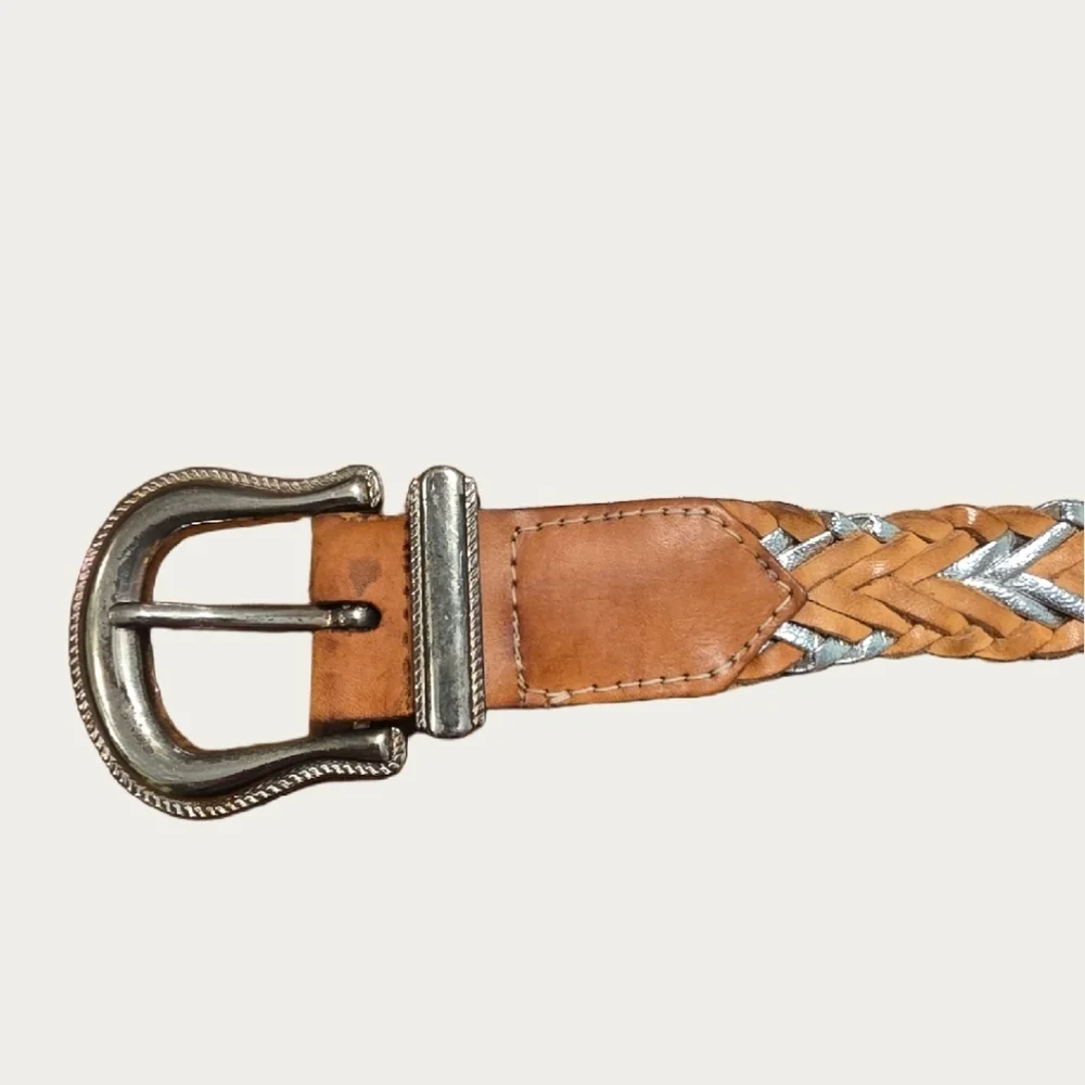 Vintage Liz Claiborne Woven Tan & Silver Leather Belt with Silver Tone Buckle M